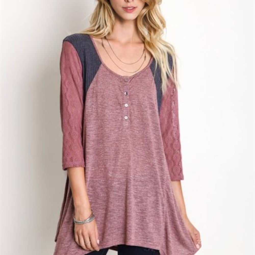 Color block boho trapeze Top with Lace Sleeves